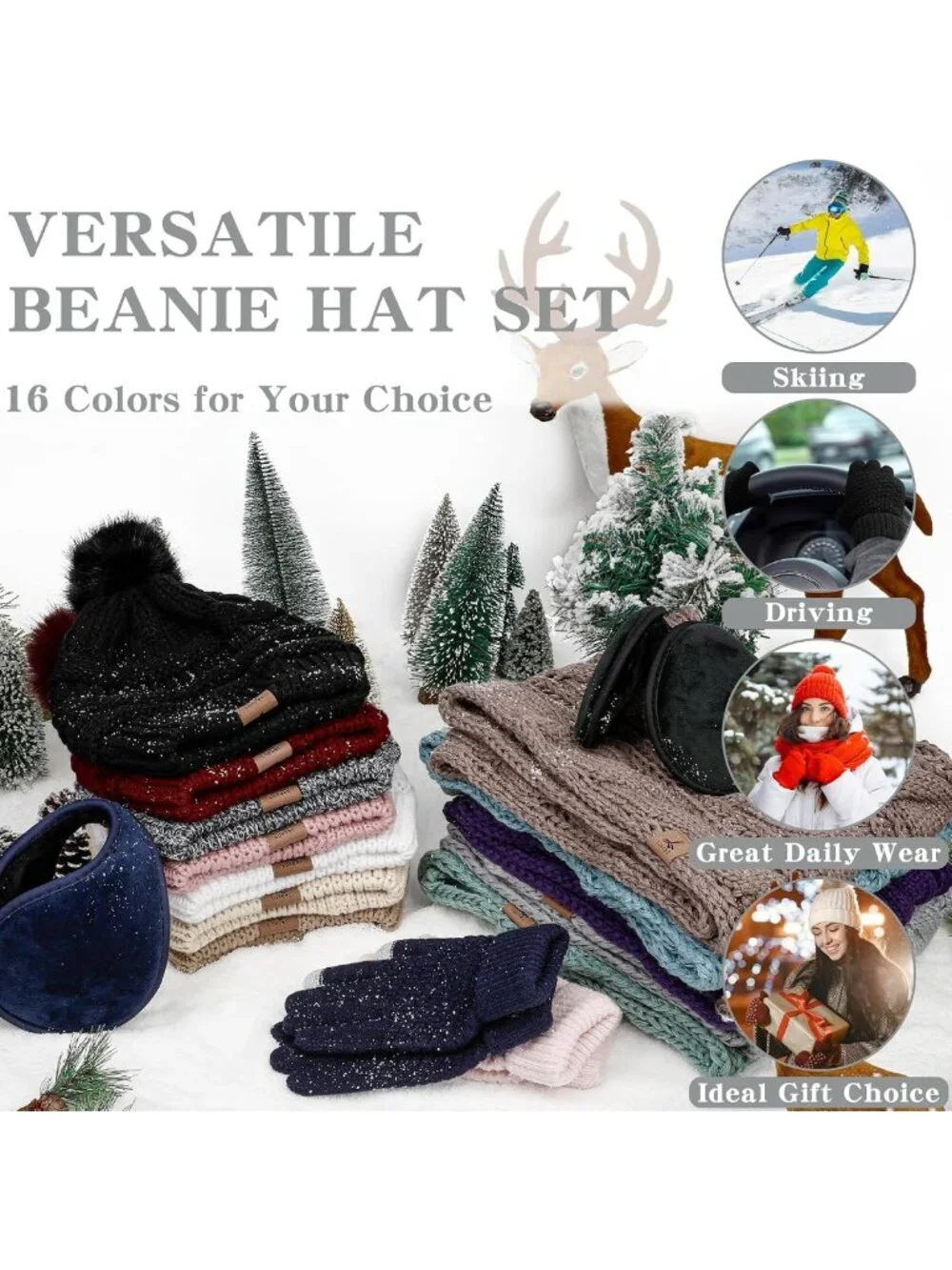 Cozy Winter Beanie, Scarf & Gloves Set with Ear Muffs | Touch Screen, One Size